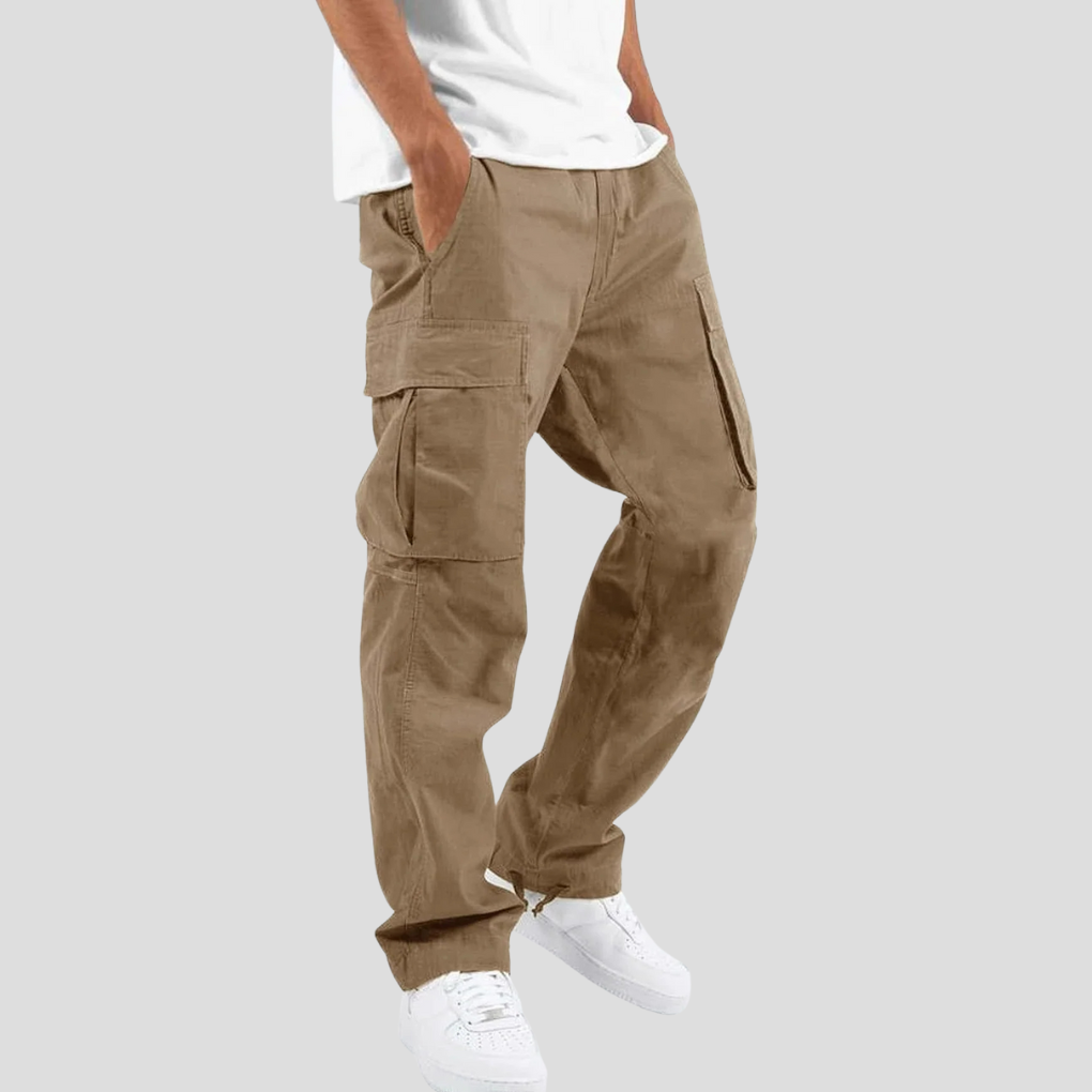 Stylish men's utility cargo pants with adjustable waist, multiple pockets for casual comfort & everyday durability.
