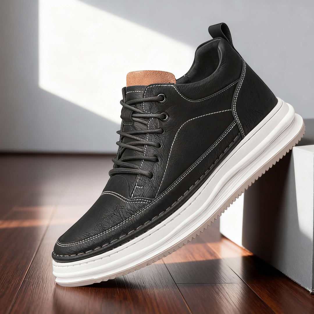 Black men's athletic shoes, comfortable lace-up everyday casual footwear for walking.