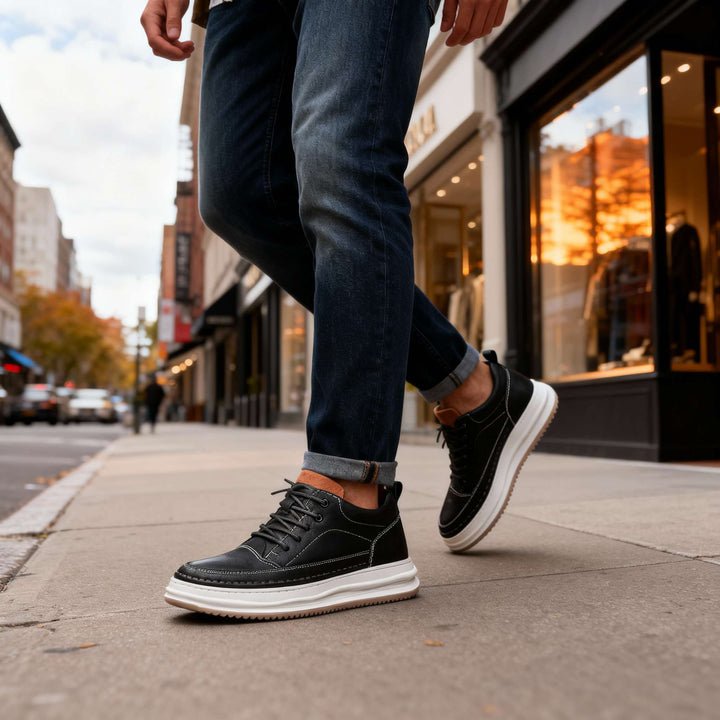 Durable men's black lace-up comfort sneakers, versatile athletic shoes for everyday walking.