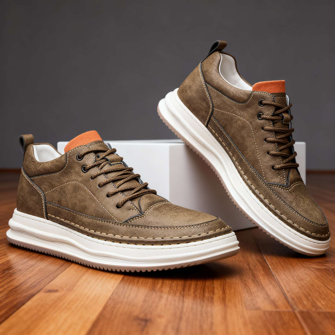 Khaki men's everyday casual sneakers, comfortable lace-up walking shoes for active men.