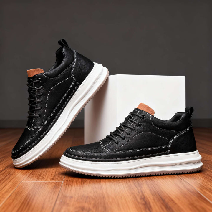 All-day wear men's comfort sneakers, black lace-up casual walking shoes for daily errands.
