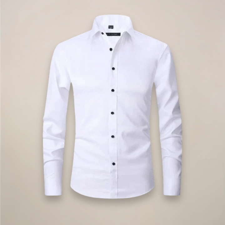 Casual yet refined men's spring apparel: a solid, long sleeve tailored work shirt