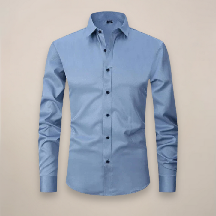Men's tailored spring work shirt, long sleeve, in a solid, comfortable fabric