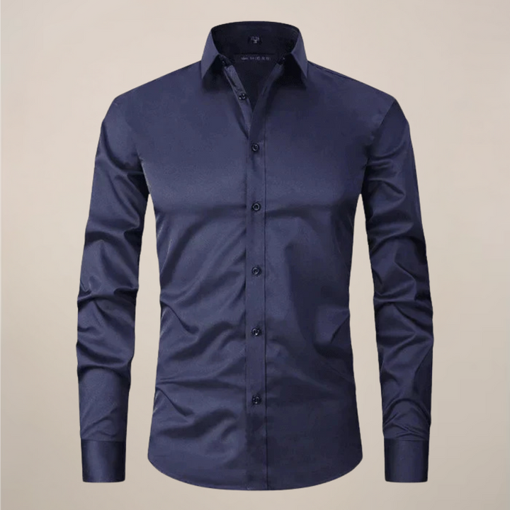 Modern men's tailored spring shirt with long sleeves and a sophisticated solid color