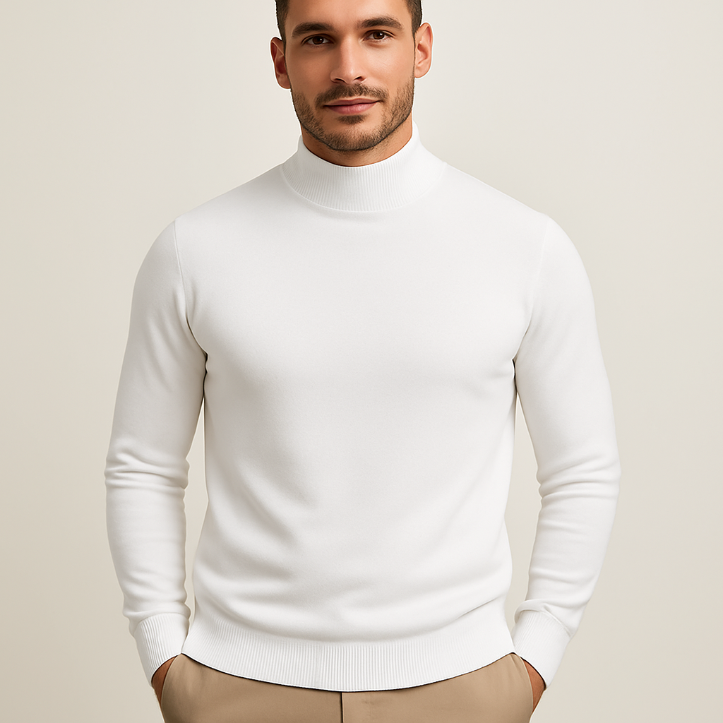 Men's fitted turtleneck sweater in a classic knit, perfect for elevated style & warmth. Long sleeve pullover.