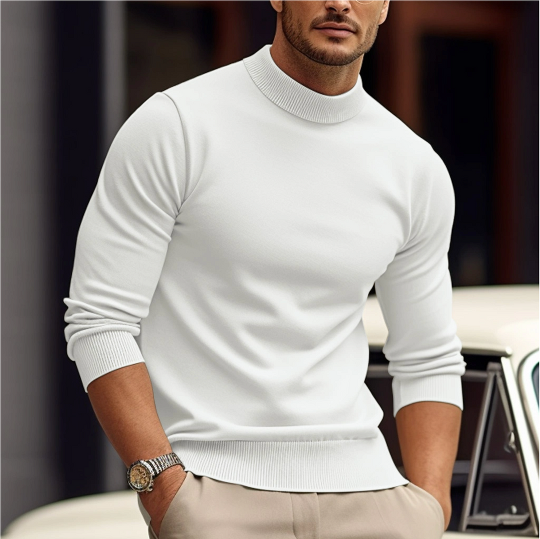 Stylish men's ribbed turtleneck sweater, a warm long-sleeve pullover for smart casual or layering. Essential men's fashion.