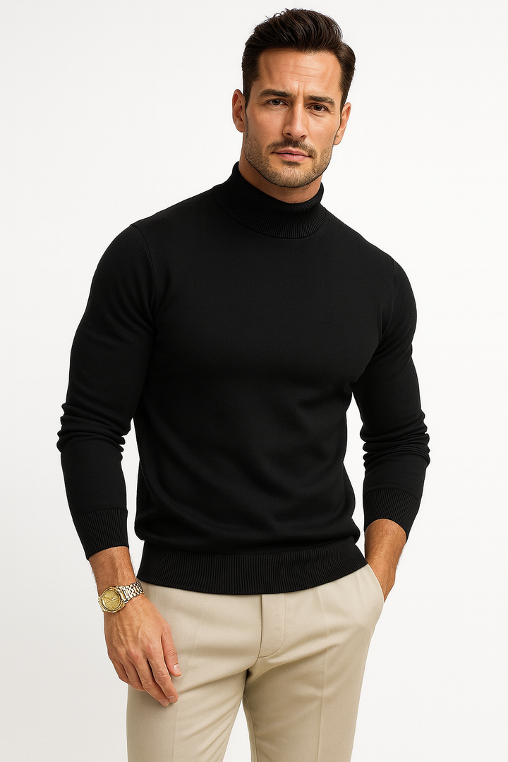 Comfortable men's fitted turtleneck sweater. This warm, long-sleeve pullover offers elevated casual & smart casual style.