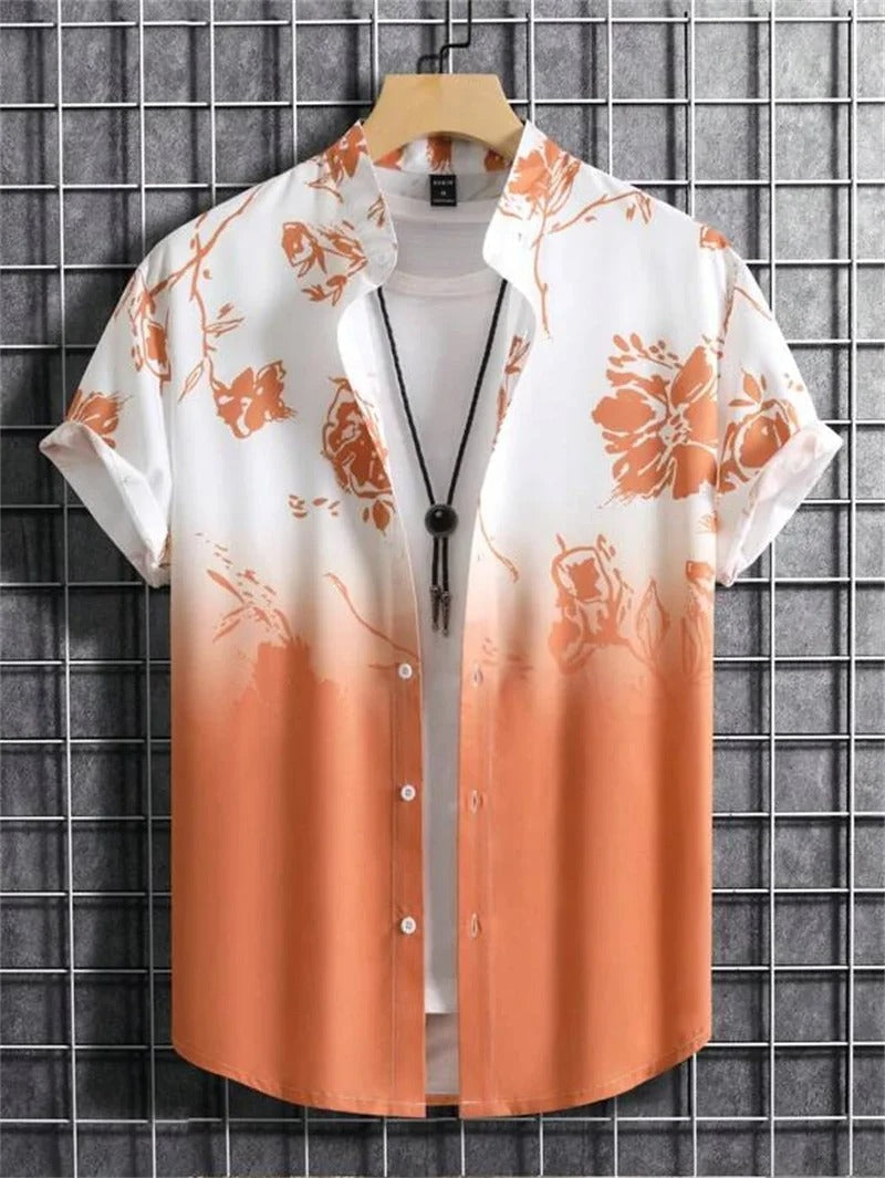 Men's floral print short-sleeve shirt with camp collar, perfect for summer casual wear.
