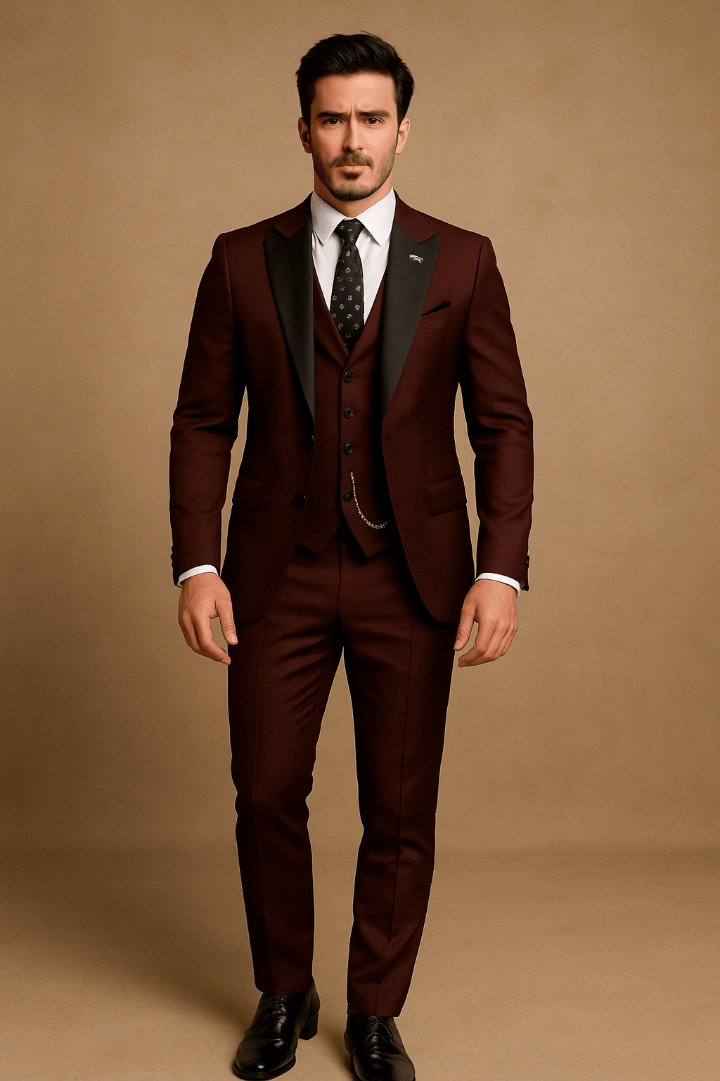 Group photo of men in various colors of three-piece formal suits, spring fashion event