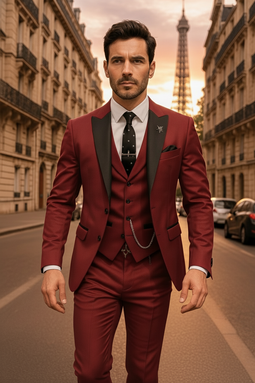 Detail of the button closure on a men's three-piece tailored formal suit jacket, spring attire