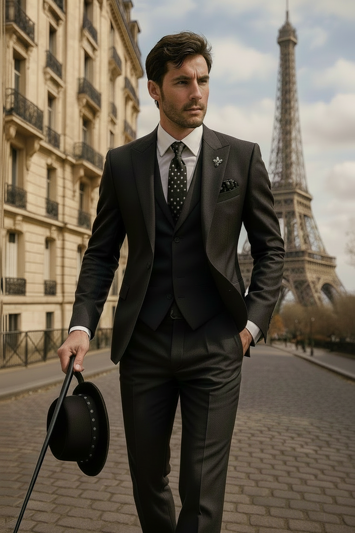 Close-up of the tailored lapel of a men's spring three-piece formal suit, elegant fashion