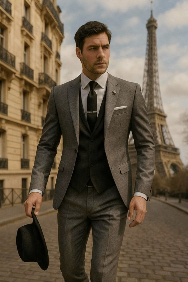 Full body shot of a man wearing a charcoal grey three-piece formal suit, ideal for spring events
