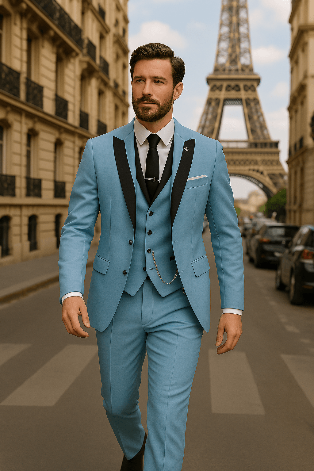 Men's elegant three-piece suit in a modern slim fit, perfect spring suiting for events
