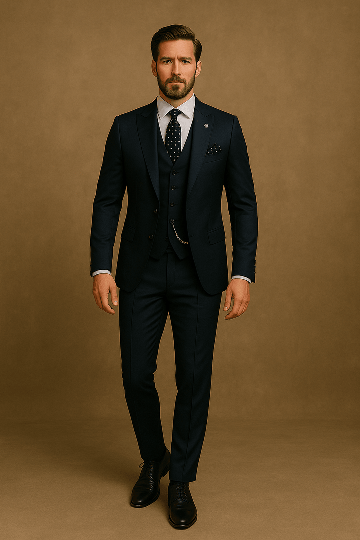 Side profile of a sophisticated men's three-piece formal suit, ideal spring event attire