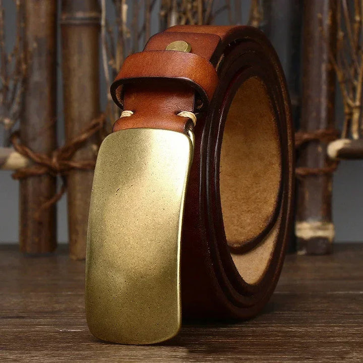 Men's full grain leather belt, handcrafted, with a durable forged brass buckle. Vintage style cowhide.