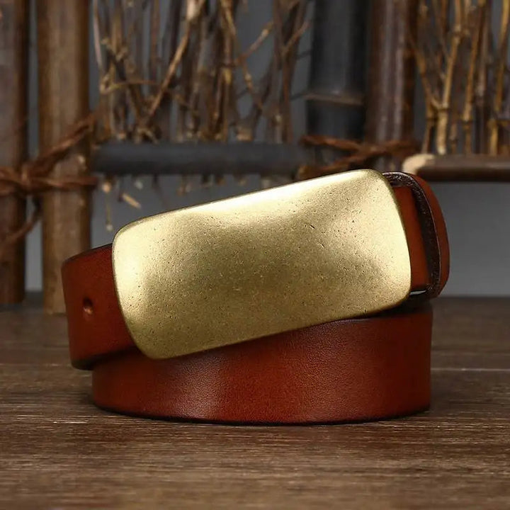 Vintage style men's leather belt. Premium full grain cowhide with a rustic forged brass buckle.