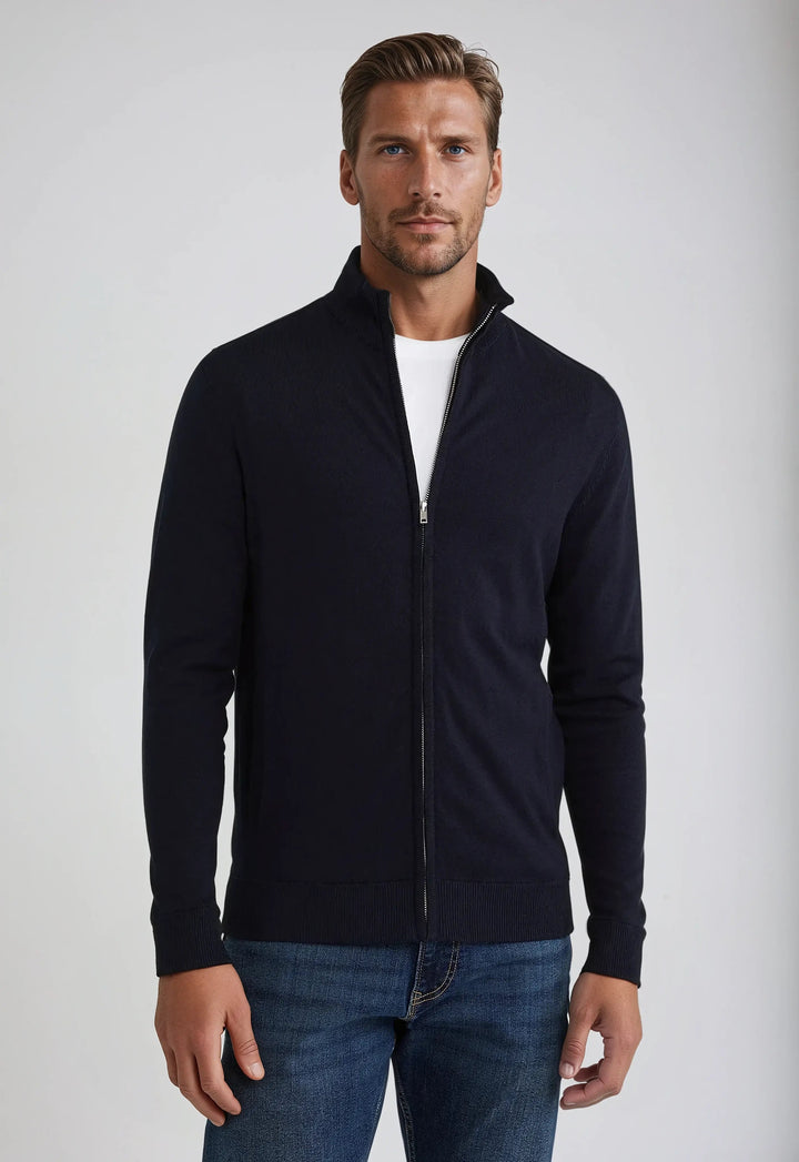 Men's full zip high neck sweater, charcoal gray, perfect for casual warmth & layering on cold days.