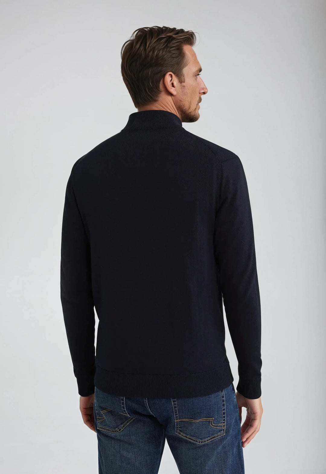 Stylish men's full zip high neck knitwear, black, ideal for comfortable daily wear & colder seasons.