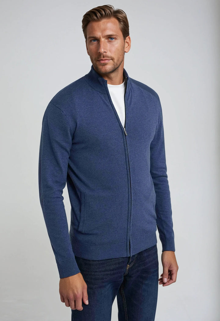 Navy blue men's full zip high neck sweater, a versatile layering piece for a smart casual look.