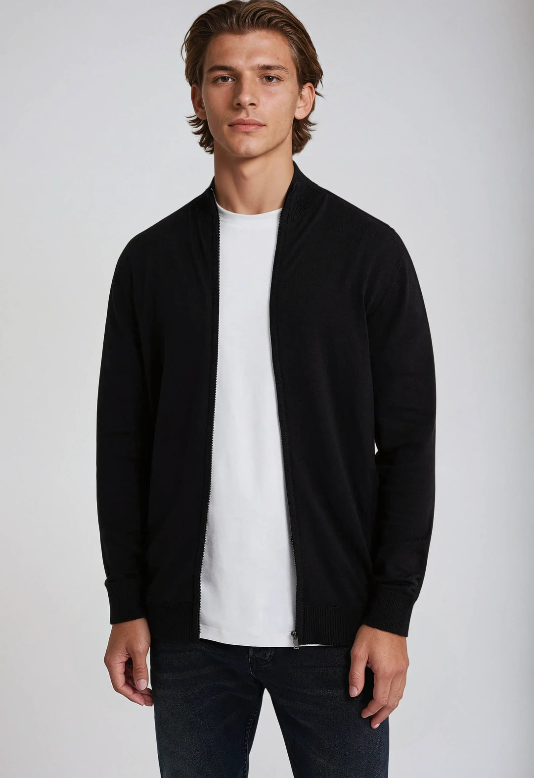 Focus on the textured knit of a men's full zip high neck sweater, showcasing quality knitwear.