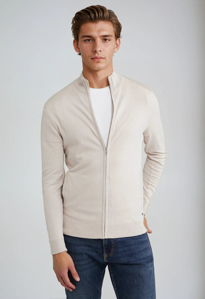 Men's full zip high neck sweater in heather gray, a comfortable and warm addition to men's fashion.