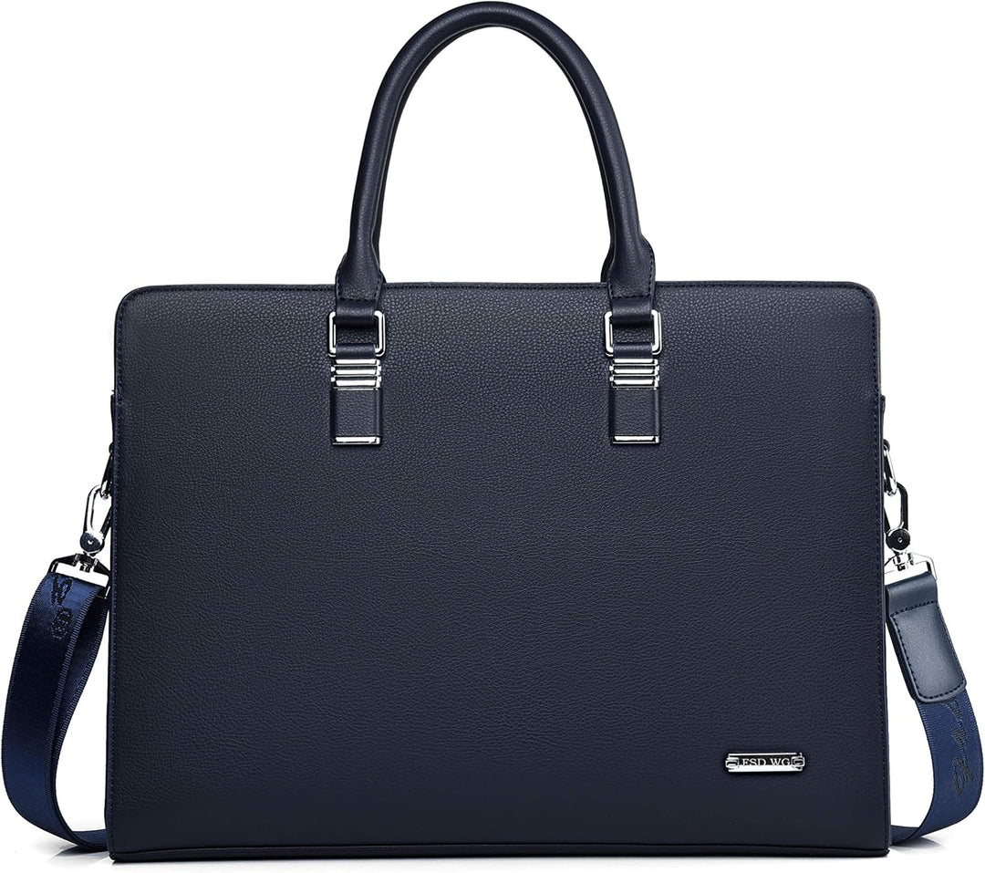 Open men's genuine leather business brief, revealing organized laptop & document storage.