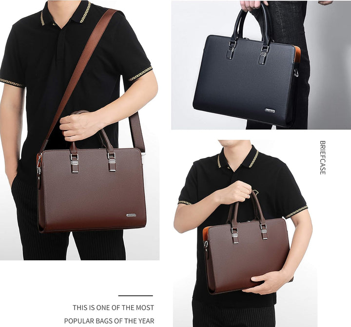Detailed view of men's genuine leather briefcase, highlighting craftsmanship & rich texture.