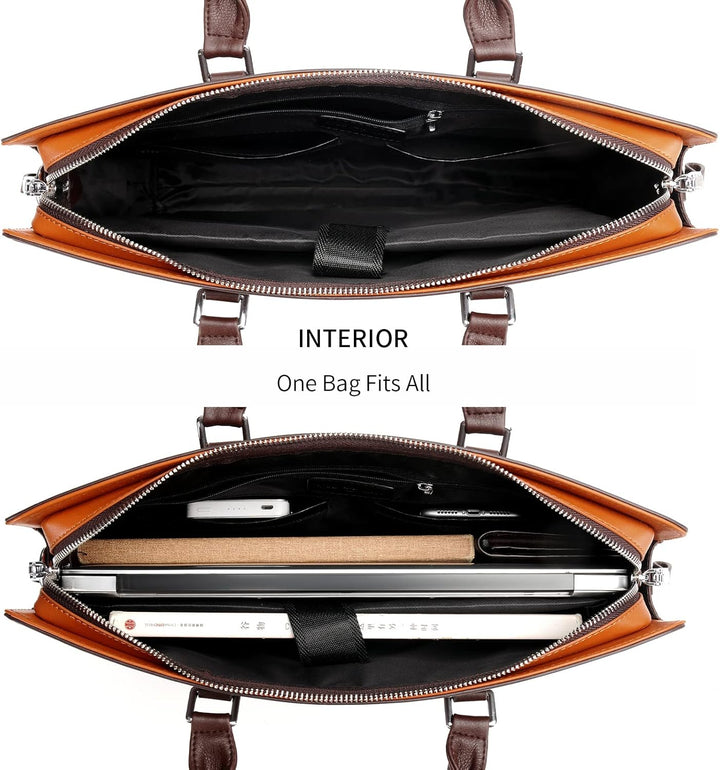 Men's genuine leather laptop bag on desk, ready for business, work & document organization.
