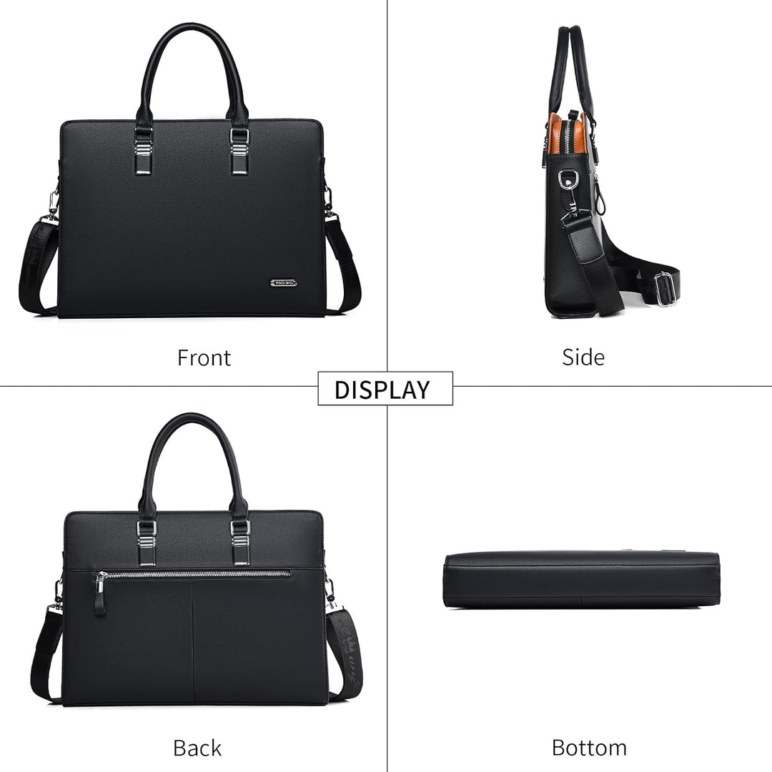 Interior compartments of men's genuine leather briefcase for organized business essentials.