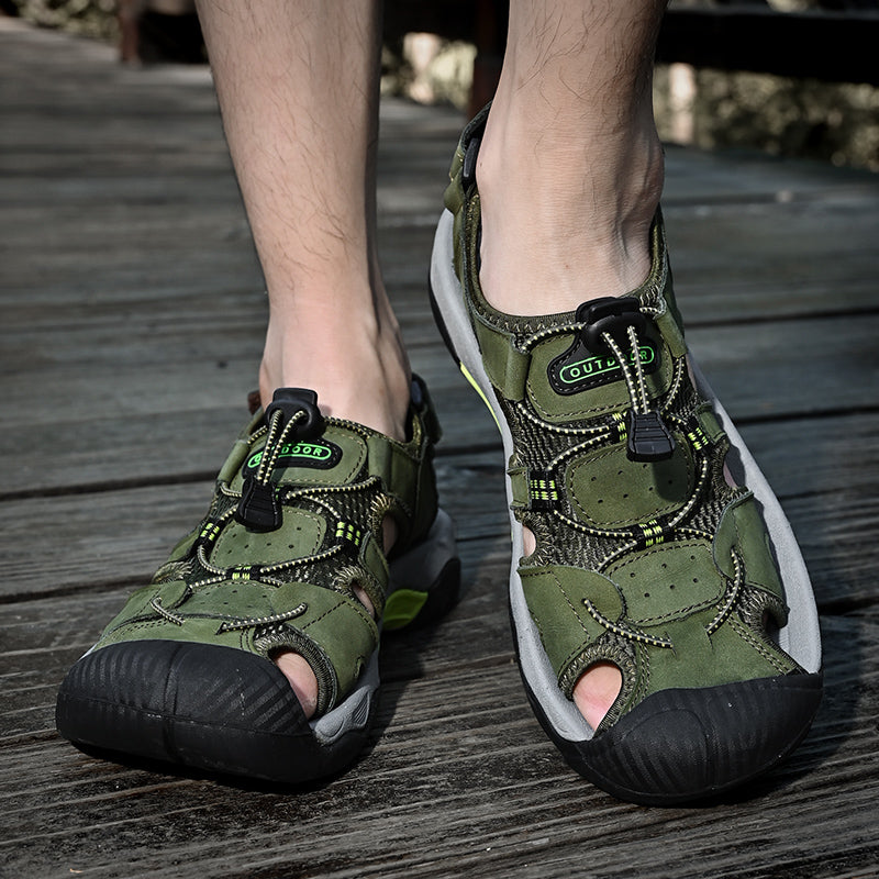Front angle of men's genuine leather fisherman sandals, arch support clearly visible, classic style