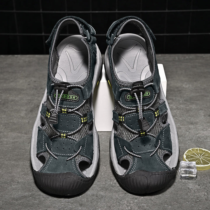 Men's genuine leather outdoor sandals in a dark tone, with significant arch support detail