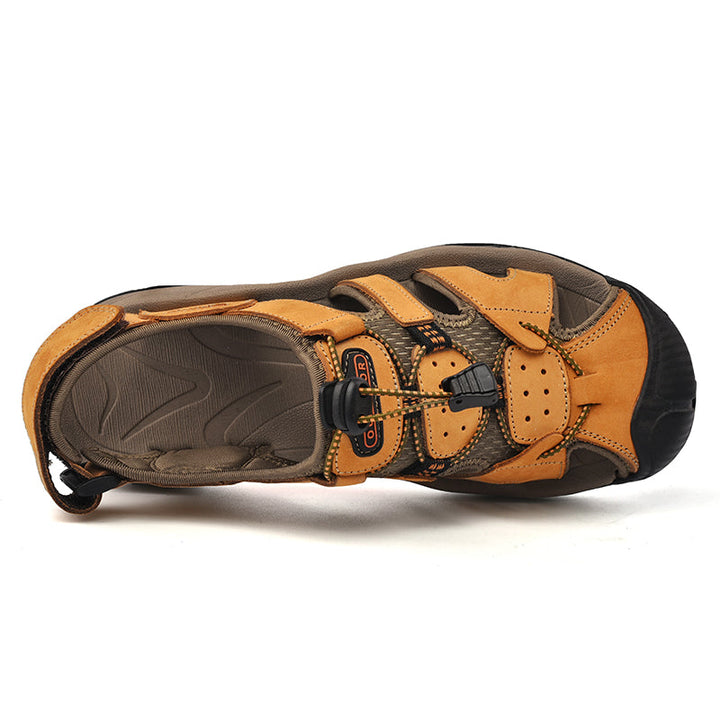 Genuine leather men's casual sandals with robust arch support, fisherman style for comfort