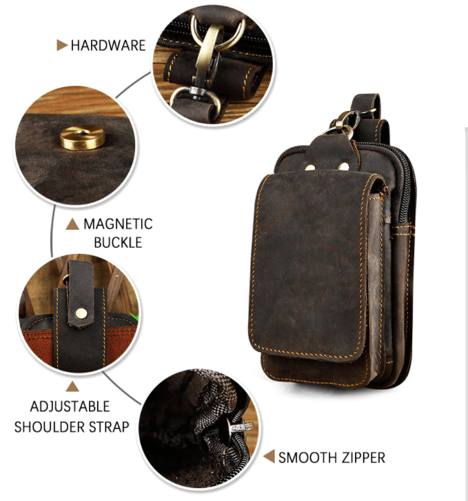 Brown leather fanny pack for men, versatile for travel, everyday carry, hands-free.