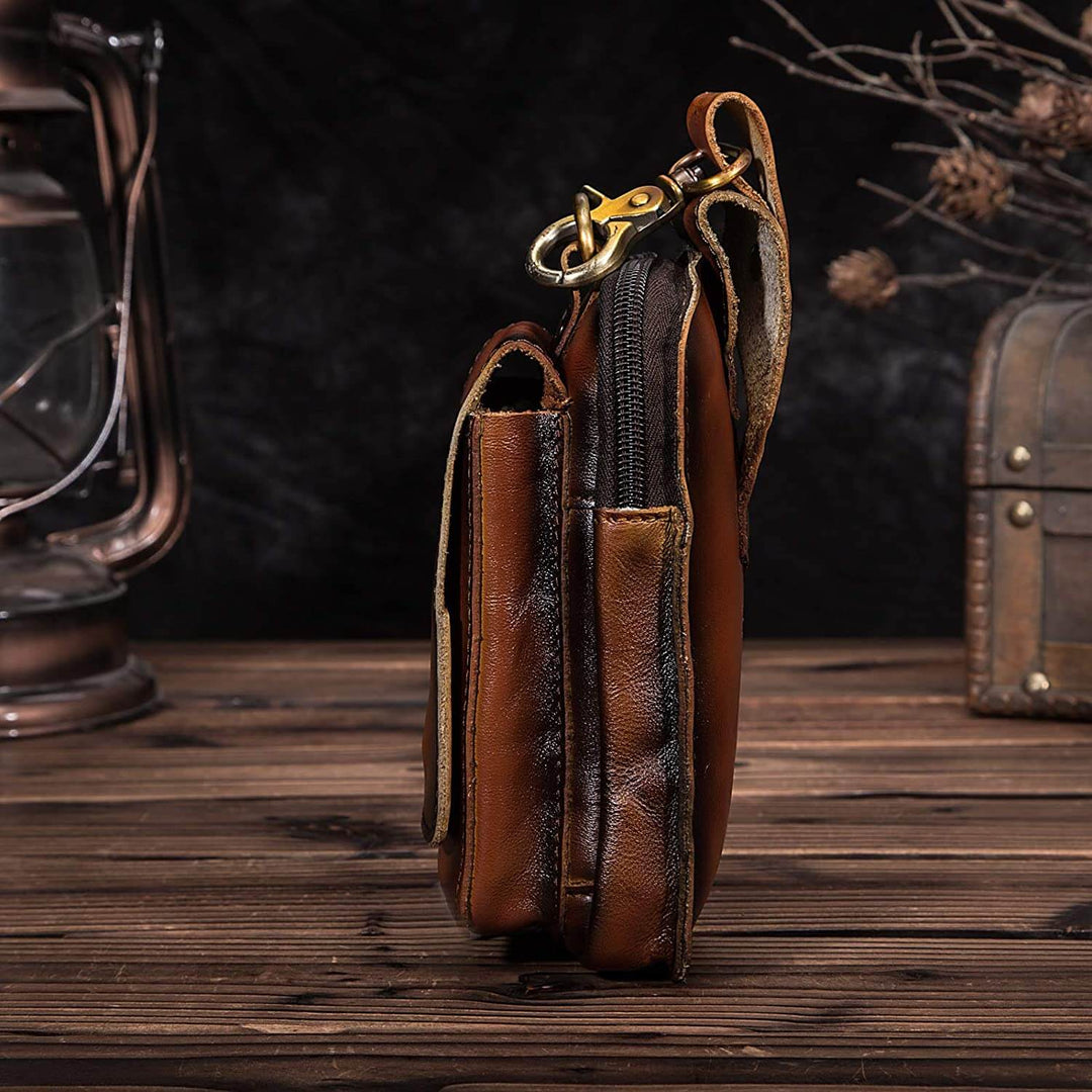 Men's travel waist bag, genuine leather, keeps essentials secure & easily accessible.