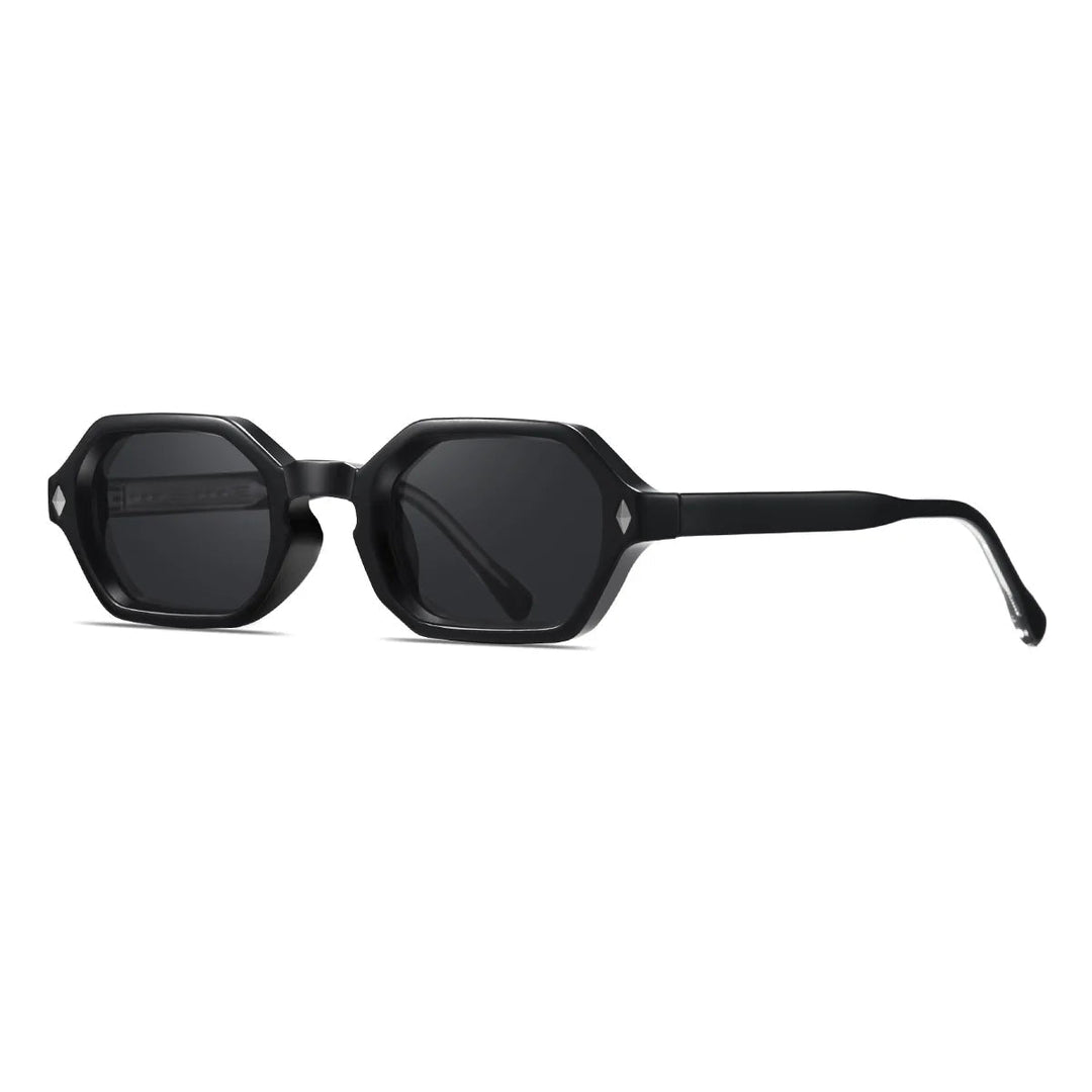 Close-up of men's geometric sunglasses, showcasing the octagonal frames and UV protection lenses.