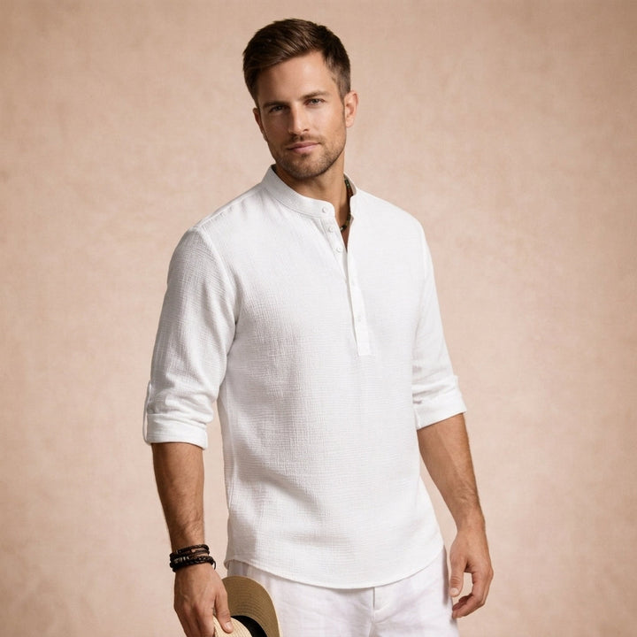 Man wearing a Giona men's casual shirt, enjoying the lightweight feel and stylish comfort for summer outings.