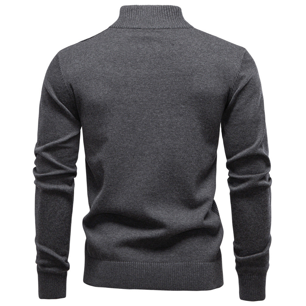 Model wearing red men's half-zip sweater, showing stretch fit, ideal casual menswear