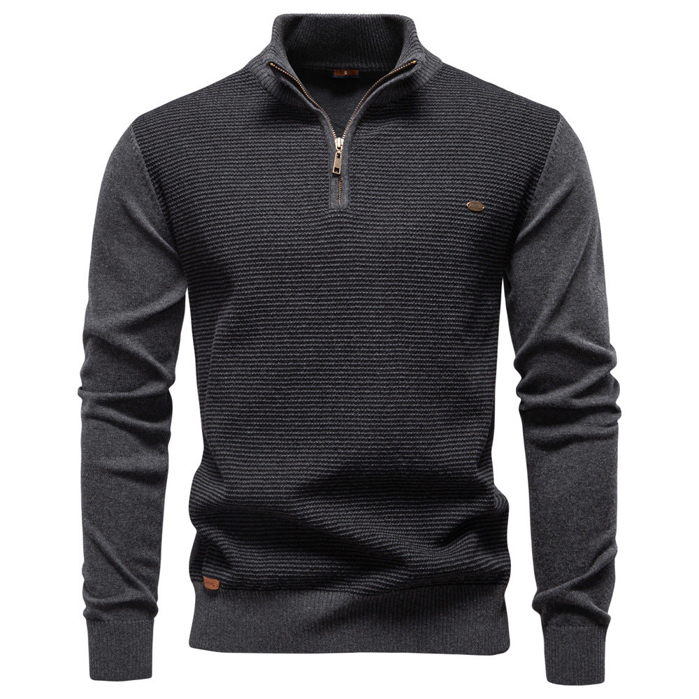 Men's half-zip sweater in a light blue shade, soft knitted cotton top for spring