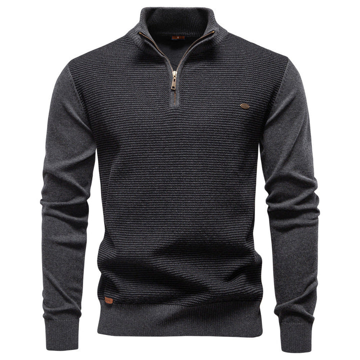 Men's half-zip sweater in a light blue shade, soft knitted cotton top for spring