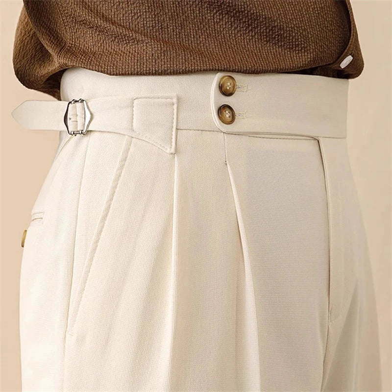 Men's high-waisted tailored trousers with stylish side buckle, perfect for formal or smart casual wear.