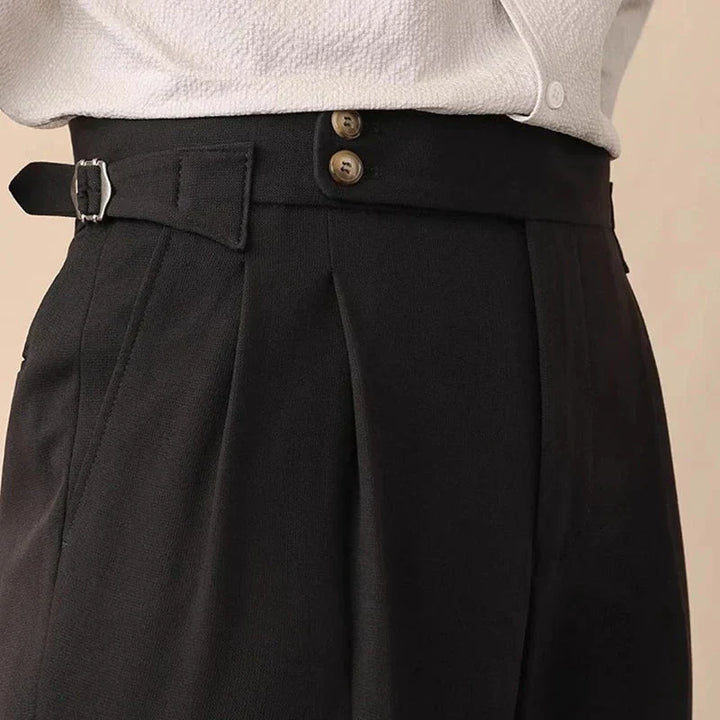 Stylish men's formal high-waisted trousers with a sleek side buckle and flattering tailored cut.