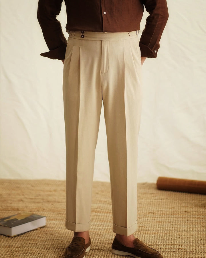 Men's versatile high-waisted trousers, tailored fit with a distinctive side buckle, ideal for any occasion.