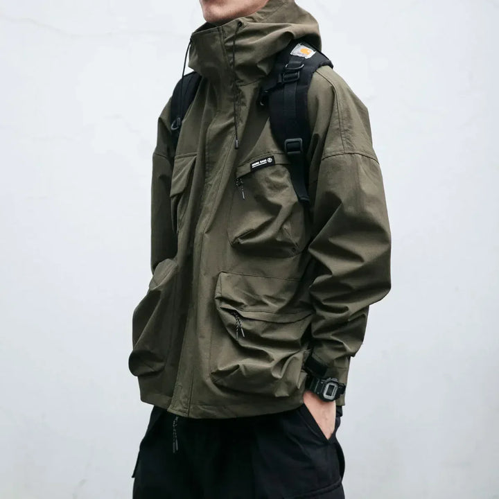 Lightweight men's zip-up windbreaker jacket, weather-resistant outerwear with hood & multi pockets for active casual wear.