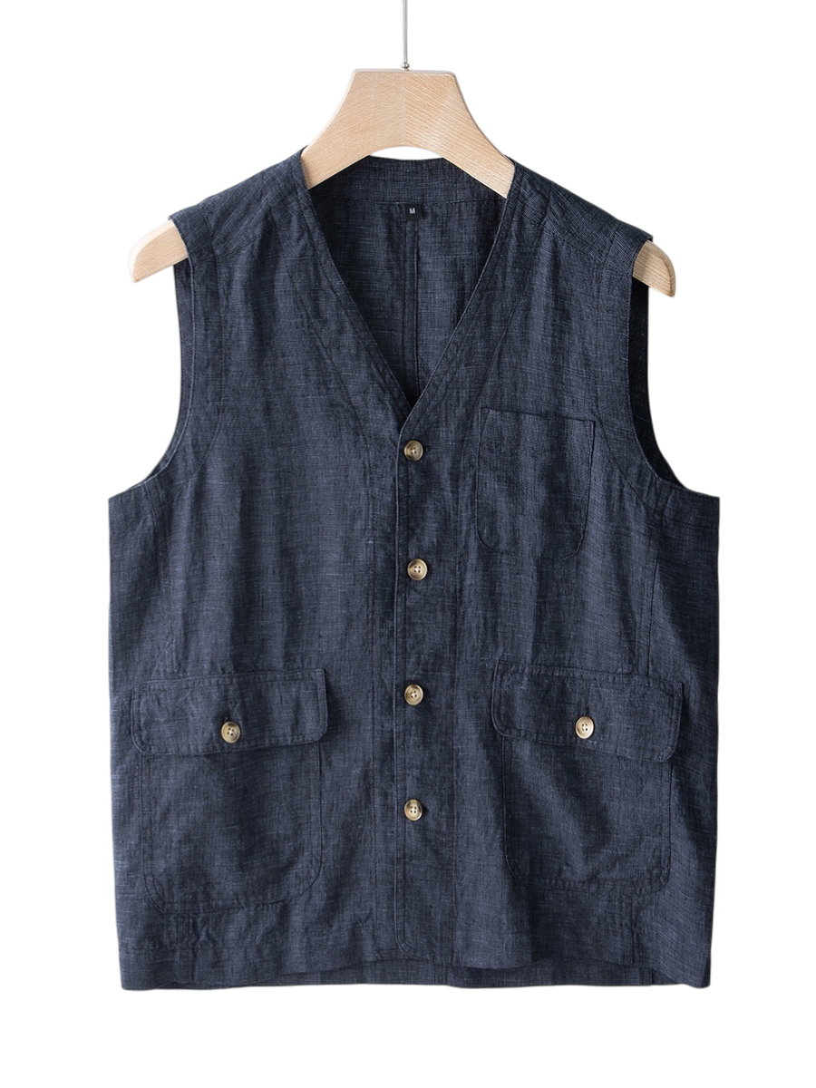 Men's indigo linen vest, lightweight & breathable, perfect for summer casual chic.