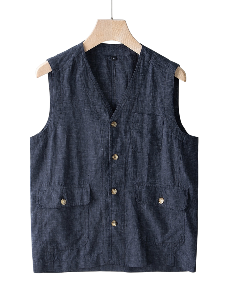 Men's indigo linen vest, lightweight & breathable, perfect for summer casual chic.