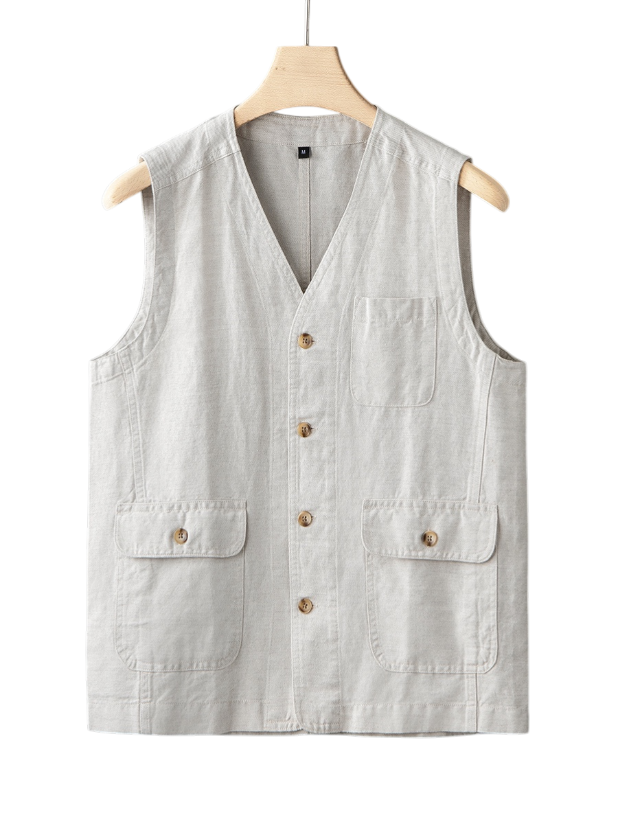 Tailored men's deep atlantic indigo linen vest, a sleeveless essential for summer wear.