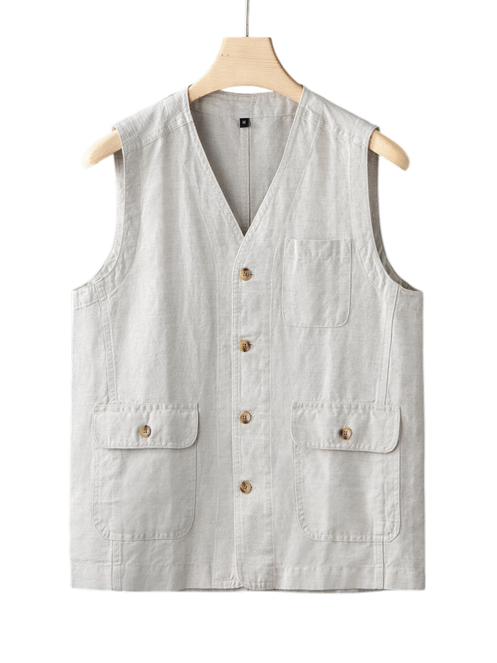 Tailored men's deep atlantic indigo linen vest, a sleeveless essential for summer wear.