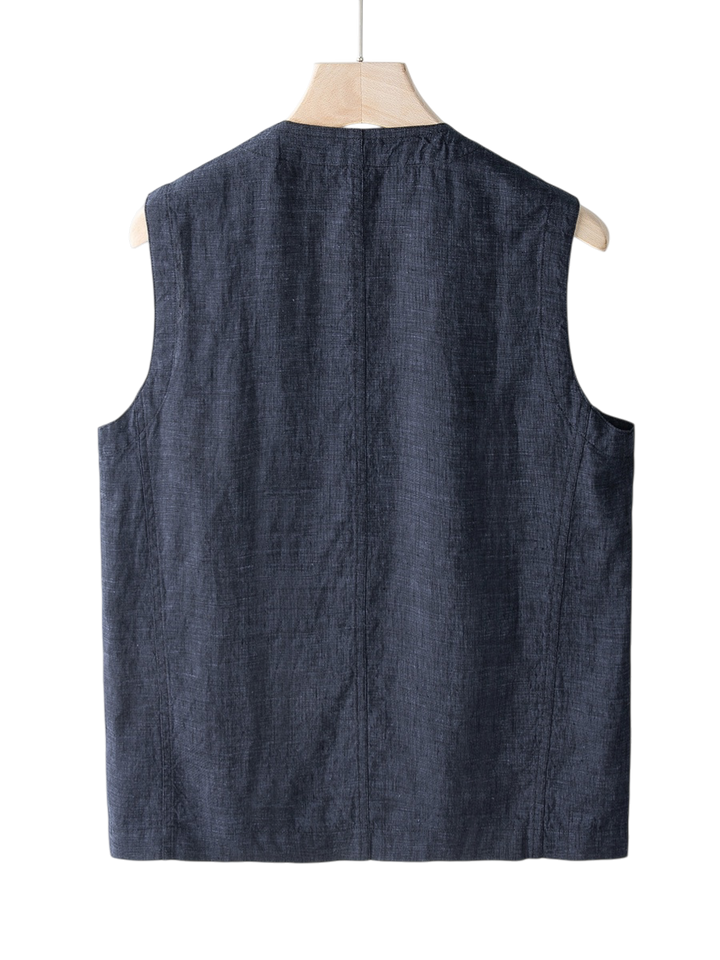 Lightweight men's indigo linen vest, breathable & comfortable for warm weather style.