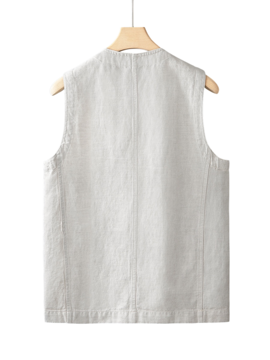 Stylish men's indigo linen vest in deep atlantic, ideal for versatile summer outfitting.