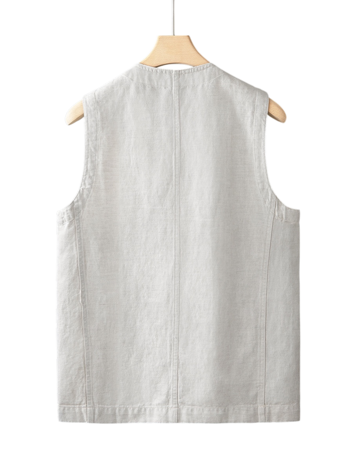 Stylish men's indigo linen vest in deep atlantic, ideal for versatile summer outfitting.